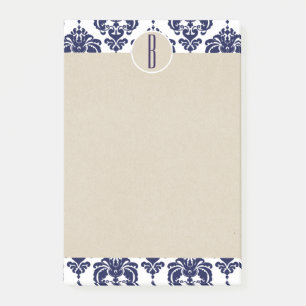 Notas Post-it® Azul Marina Blanco Glam Damask Kraft Monograma Ini