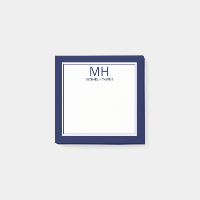 Notas Post-it® Azul Marino Blanco Monogramado de Hombre (Anverso)