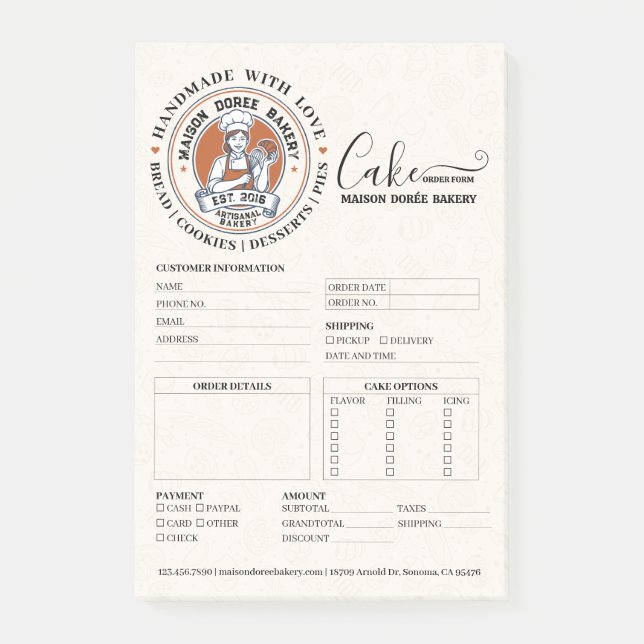 Notas Post-it® Bakery Store Pastry Chef Cake Baker Order Form (Anverso)