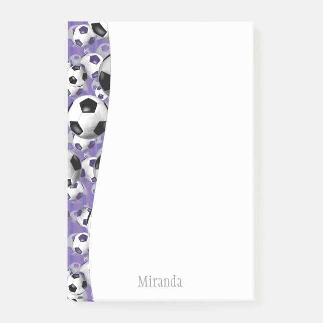 Notas Post-it® Balones de fútbol chica púrpura (Anverso)