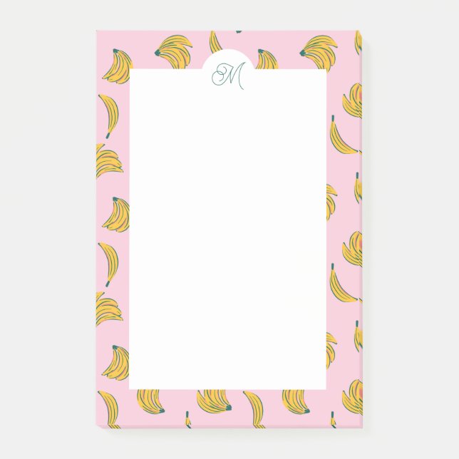 Notas Post-it® Bananas amarillas monográficas en fondo rosado (Anverso)