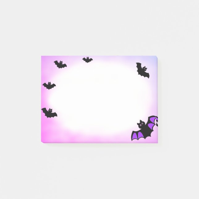 Notas Post-it® Bates voladores de Halloween sobre morado y blanco (Anverso)