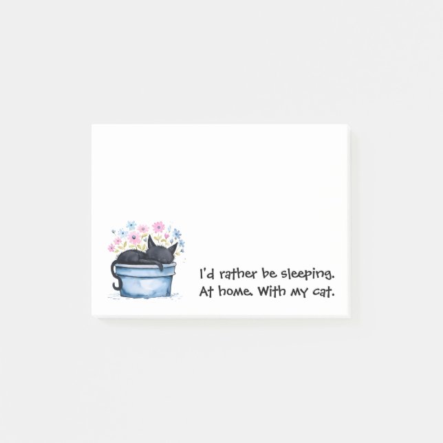 Notas Post-it® Black Cat with Flowers I'd Rather Be Sleeping (Anverso)
