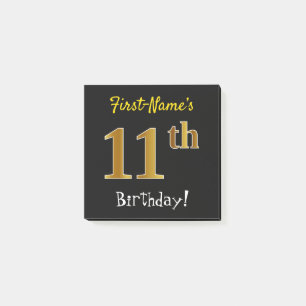 Notas Post-it® Black, Faux Gold 11th Birthday, con nombre persona