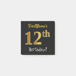 Notas Post-it® Black, Faux Gold 12th Birthday, con nombre persona