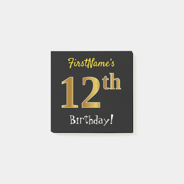 Notas Post-it® Black, Faux Gold 12th Birthday, con nombre persona (Anverso)