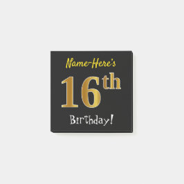 Notas Post-it® Black, Faux Gold 16th Birthday, con nombre persona