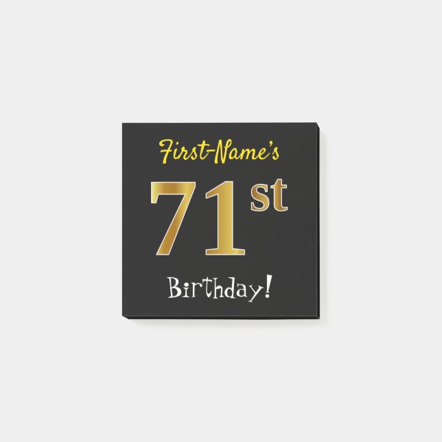 Notas Post-it® Black, Faux Gold 71st Birthday, con nombre persona (Anverso)