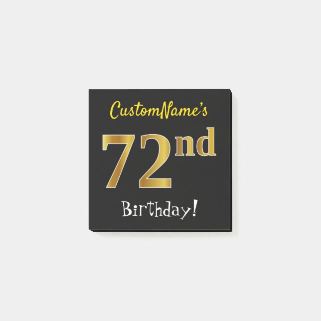 Notas Post-it® Black, Faux Gold 72nd Birthday, con nombre persona (Anverso)