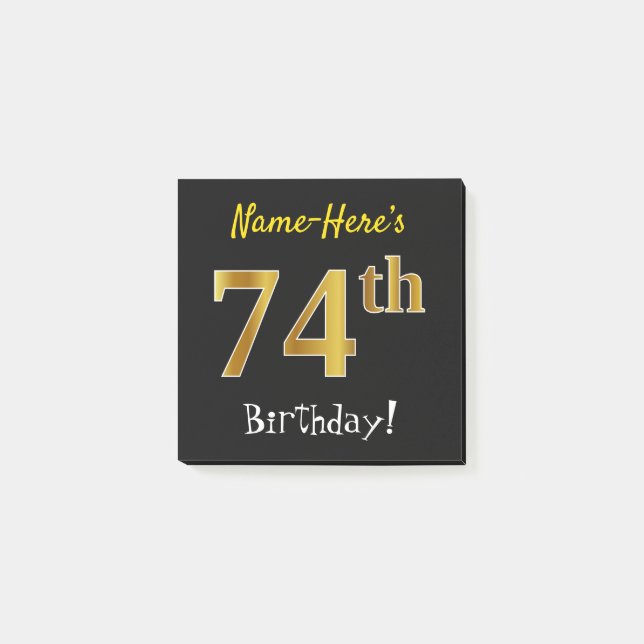 Notas Post-it® Black, Faux Gold 74th Birthday, con nombre persona (Anverso)