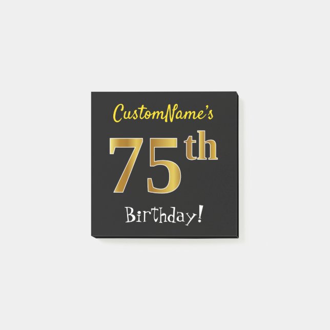 Notas Post-it® Black, Faux Gold 75th Birthday, con nombre persona (Anverso)