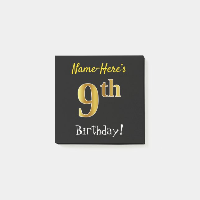 Notas Post-it® Black, Faux Gold 9Cumpleaños, Con Nombre Personali (Anverso)