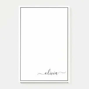 Notas Post-it® Black White Modern Script Girly Monograma Nombre