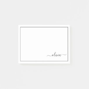 Notas Post-it® Black White Modern Script Girly Monograma Nombre