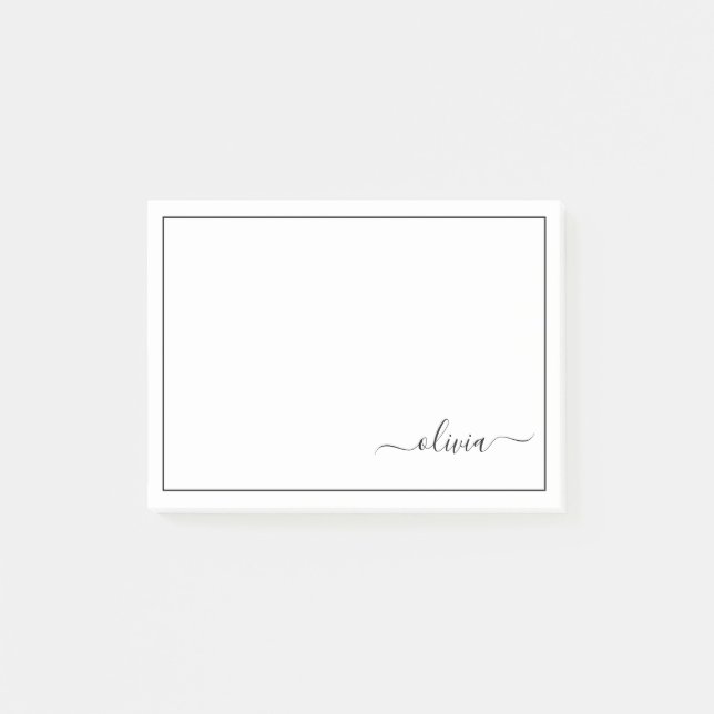 Notas Post-it® Black White Modern Script Girly Monograma Nombre (Anverso)