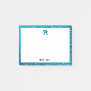 Notas Post-it® Blanco con elefante Purpurina Verde azulado y bord