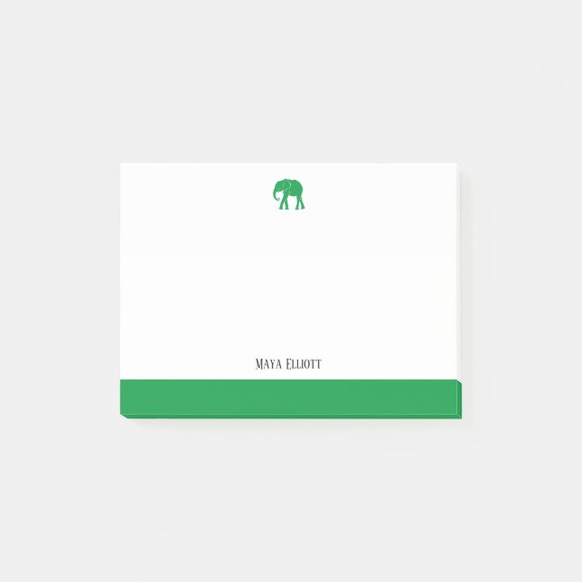 Notas Post-it® Blanco con Elefante Verde y borde y nombre (Anverso)