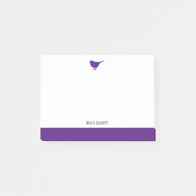 Notas Post-it® Blanco con pequeño pájaro morado y borde + nombre (Anverso)