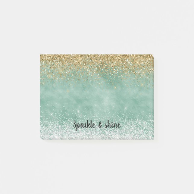 Notas Post-it® Blanco Menta Glam Dorado Brillo Purpurina (Anverso)