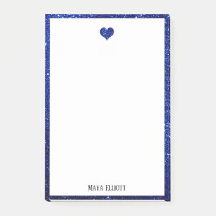 Notas Post-it® Blanco sobre azul Faux Purpurina Corazón y borde,