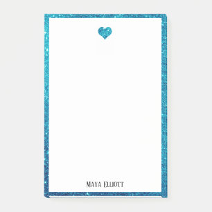 Notas Post-it® Blanco sobre Corazón y Borde de Brillo Falso Turqu