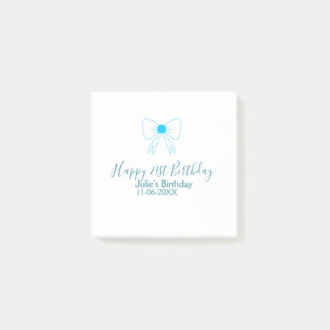 Notas Post-it® Blue bow happy 21ᵉʳ cumpleaños date (Anverso)