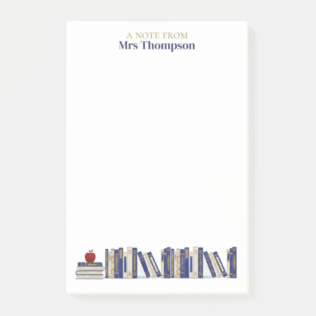 Notas Post-it® Blue Gold Apple Bookshelf Personalized Teacher (Anverso)