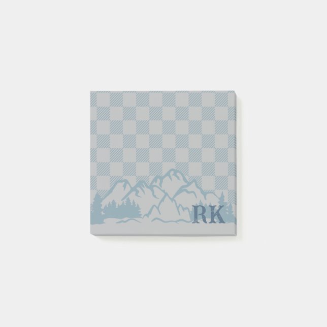 Notas Post-it® Blue Gray Check Pattern Rustic Mountains Monogram (Anverso)