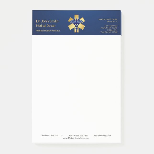 Notas Post-it® Blue Medical 3D Caduceus Gold Cross (Anverso)