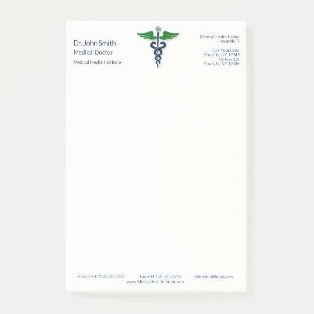 Notas Post-it® Blue Medical Stylish Caduceus Green Wings Cross (Anverso)