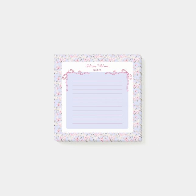 Notas Post-it® Blue Pink Floral Coquette Bow Custom Name (Anverso)
