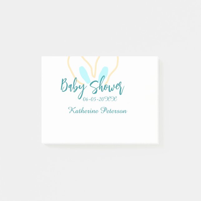Notas Post-it® Blue yellow baby shower name date animal ear cute  (Anverso)