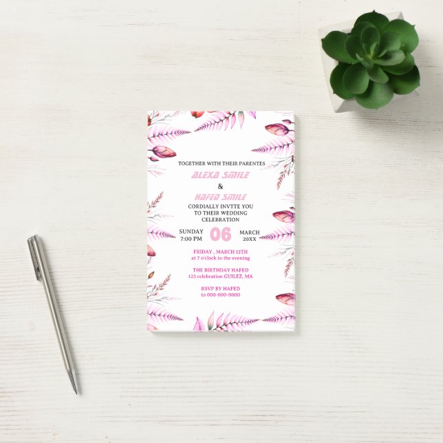Notas Post-it® Blush Pink  Elegant Gold Wedding Invitation , Whit (Oficina)