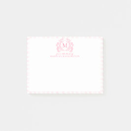 Notas Post-it® Blush Rosa Gingham Floral Escudo Monograma