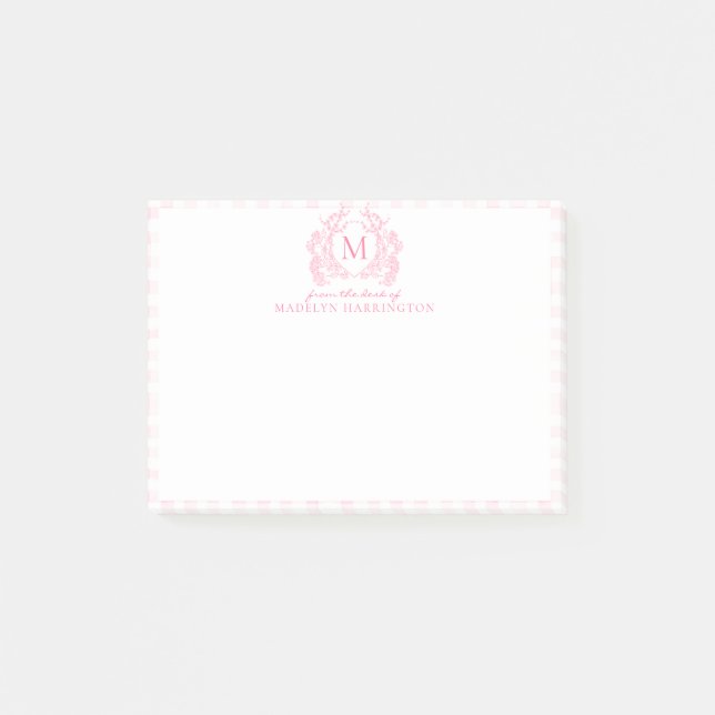 Notas Post-it® Blush Rosa Gingham Floral Escudo Monograma (Anverso)