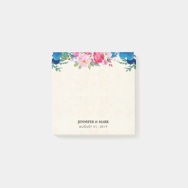 Notas Post-it® Boda de borde de flor rosa y azul bonito (Anverso)