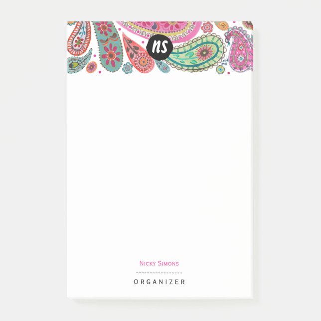 Notas Post-it® Bohemian Rosa y turquesa Floral Paisley (Anverso)