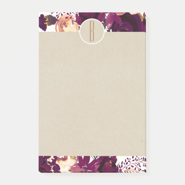 Notas Post-it® Boho Burdeos Marsala Floral Kraft Rústico Monogram (Anverso)