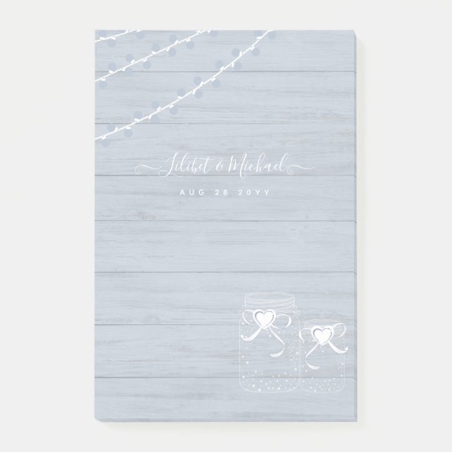 Notas Post-it® BOHO Dusty Blue Driftwood Mason Jars Boda (Anverso)