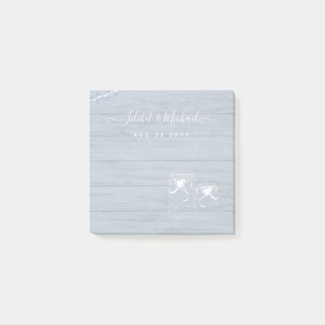Notas Post-it® BOHO Dusty Blue Driftwood Mason Jars Boda (Anverso)