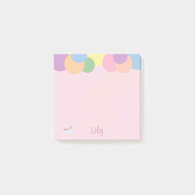 Notas Post-it® Bolas de Cumpleaños con Nombre y Cupcake (Anverso)