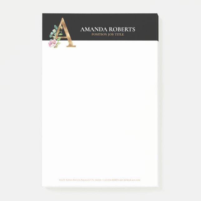 Notas Post-it® Boletines de oro y flores Monograma A (Anverso)