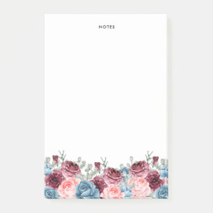 Notas Post-it® Bonito acuarela Burgundy y Flores Azules