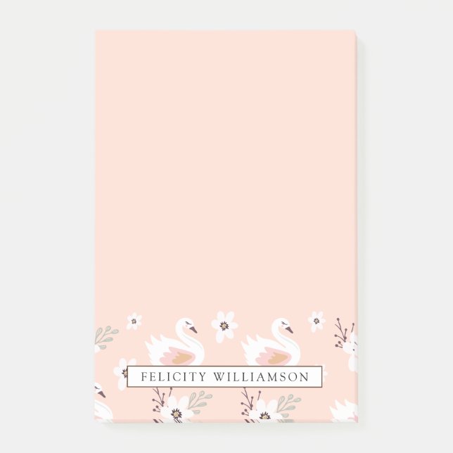 Notas Post-it® Bonito en cisne y estampado de flores rosados (Anverso)