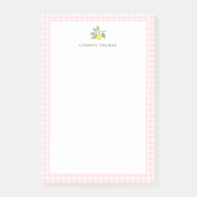Notas Post-it® Borde de Gingham Rosa Limón Personalizado (Anverso)