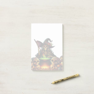 Notas Post-it® Bruja con esqueleto y caldero.