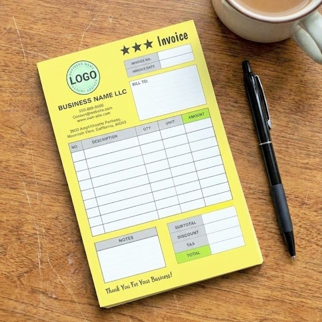 Notas Post-it® Business Logo Invoice Receipts | Custom Yellow Pad (yellow bill pad, personalized invoice post-it notes, business logo sticky notes)