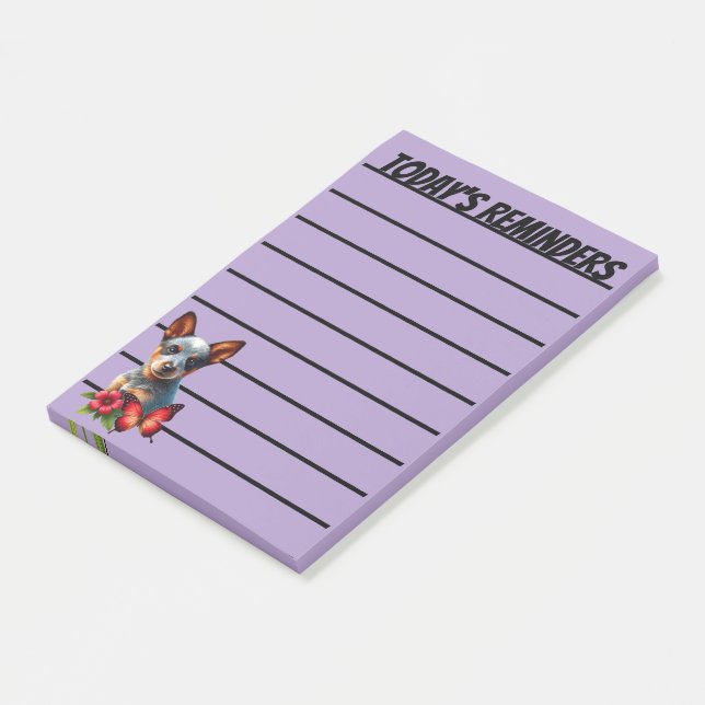 Notas Post-it® Cachorro Heeler Adorable con Mariposa y Flor (En perspectiva)