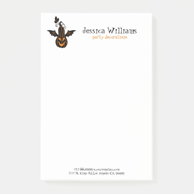 Notas Post-it® Calabaza de Halloween con alas de murciélago (Anverso)