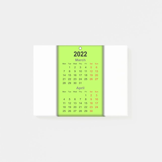 Notas Post-it® Calendario Marzo de 2022 Abril (Anverso)